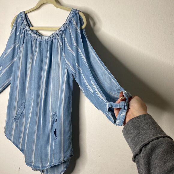 Billy T Blue & White Stripe Linen Off Shoulder 3/4 Tie-Sleeve Back Button Top XS - Picture 5 of 13